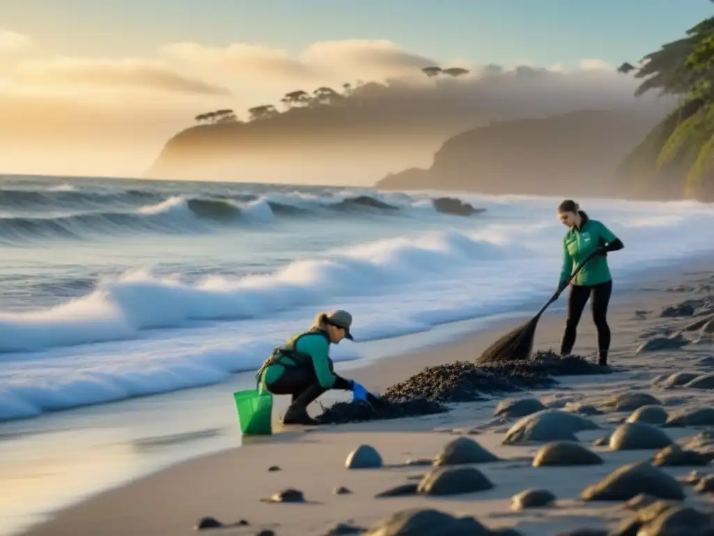 Voluntarios en cruceros ecológicos limpiando una playa al amanecer