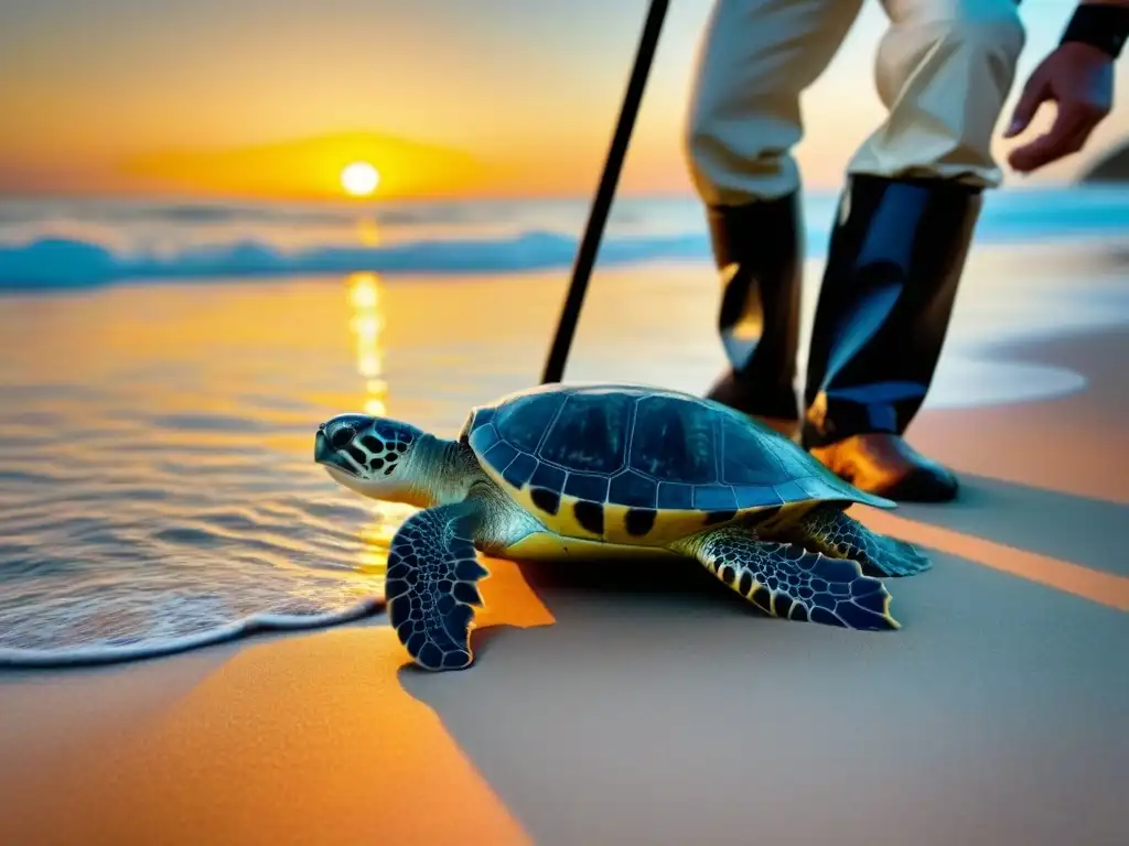 Voluntarios en programa de conservación liberan crías de tortugas en el mar al atardecer