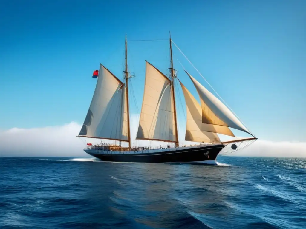 Vuelta al mundo en barco: velero moderno navegando en aguas tranquilas bajo cielo azul, transmitiendo calma y aventura