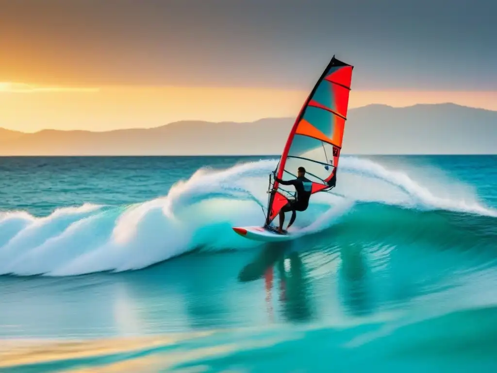 Un windsurfista surca aguas turquesas al atardecer en uno de los mejores destinos para windsurf, transmitiendo emoción y belleza