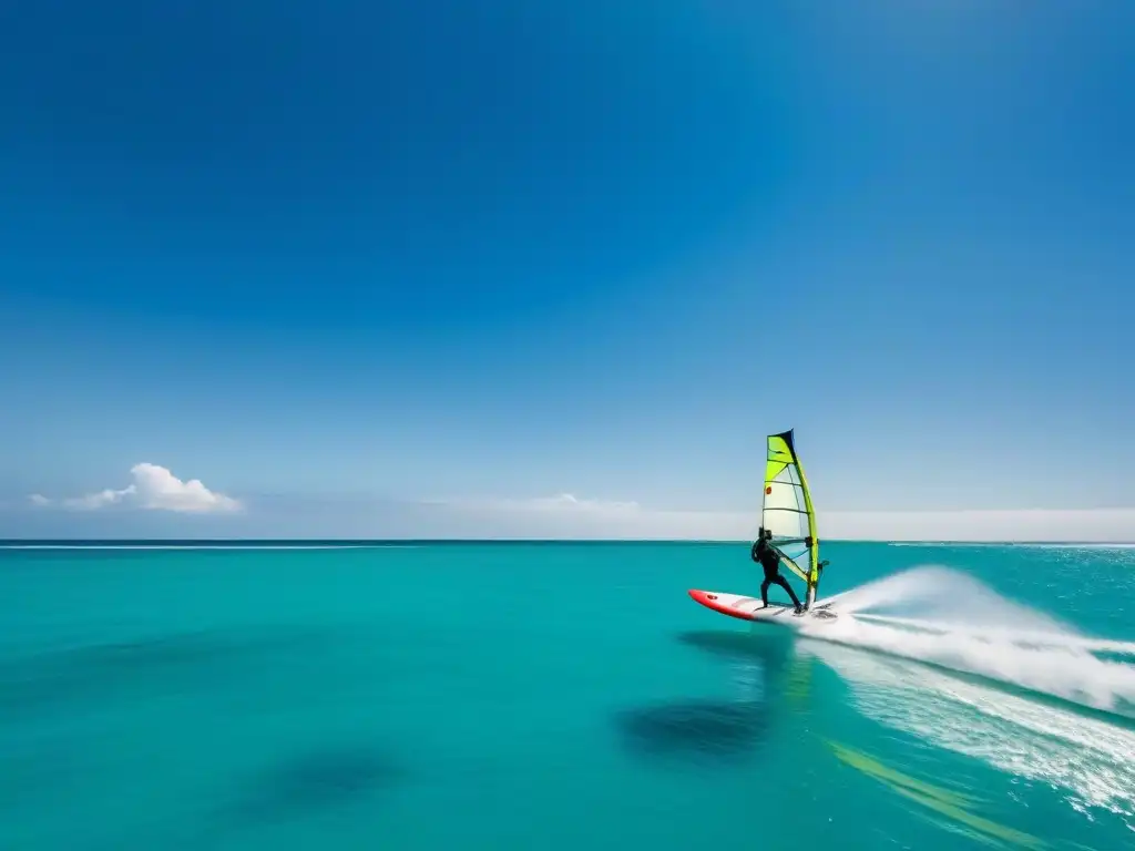 Un windsurfista dominando las aguas turquesas con destreza y tranquilidad