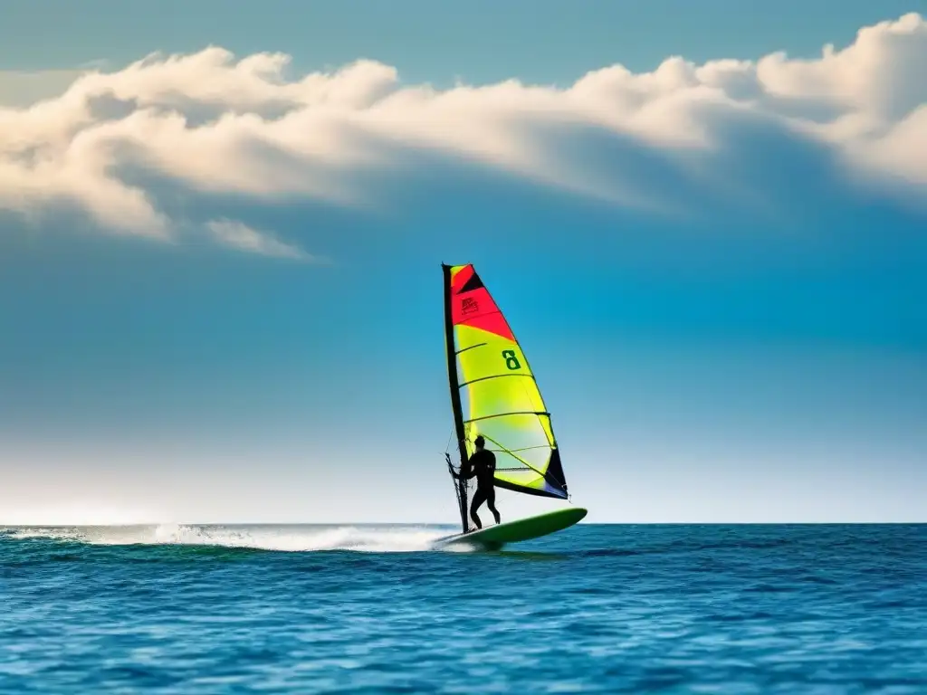 Un windsurfista surca con gracia aguas cristalinas, su vela ondea contra un cielo despejado