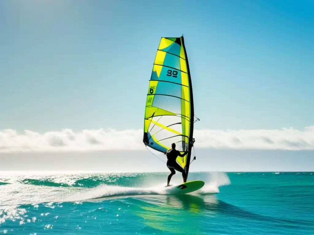 Un windsurfista saltando en un paraíso tropical