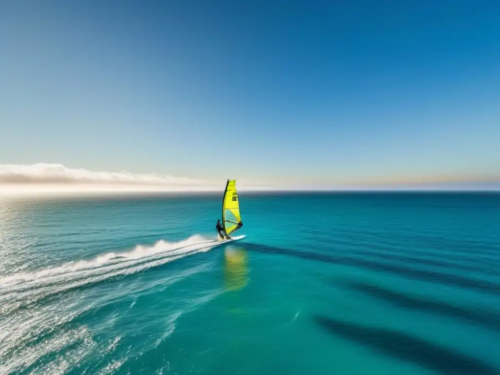 Un windsurfista solitario surca el mar turquesa al atardecer