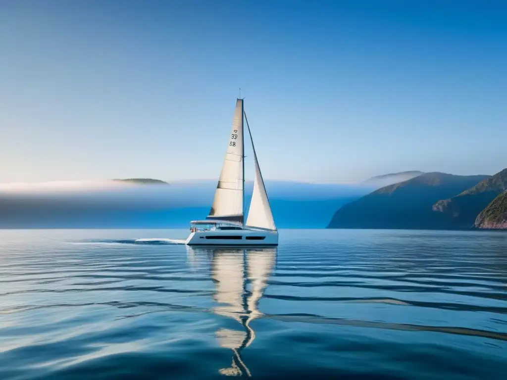 Un yate elegante navegando en aguas tranquilas bajo un cielo azul, reflejándose sutilmente en el mar