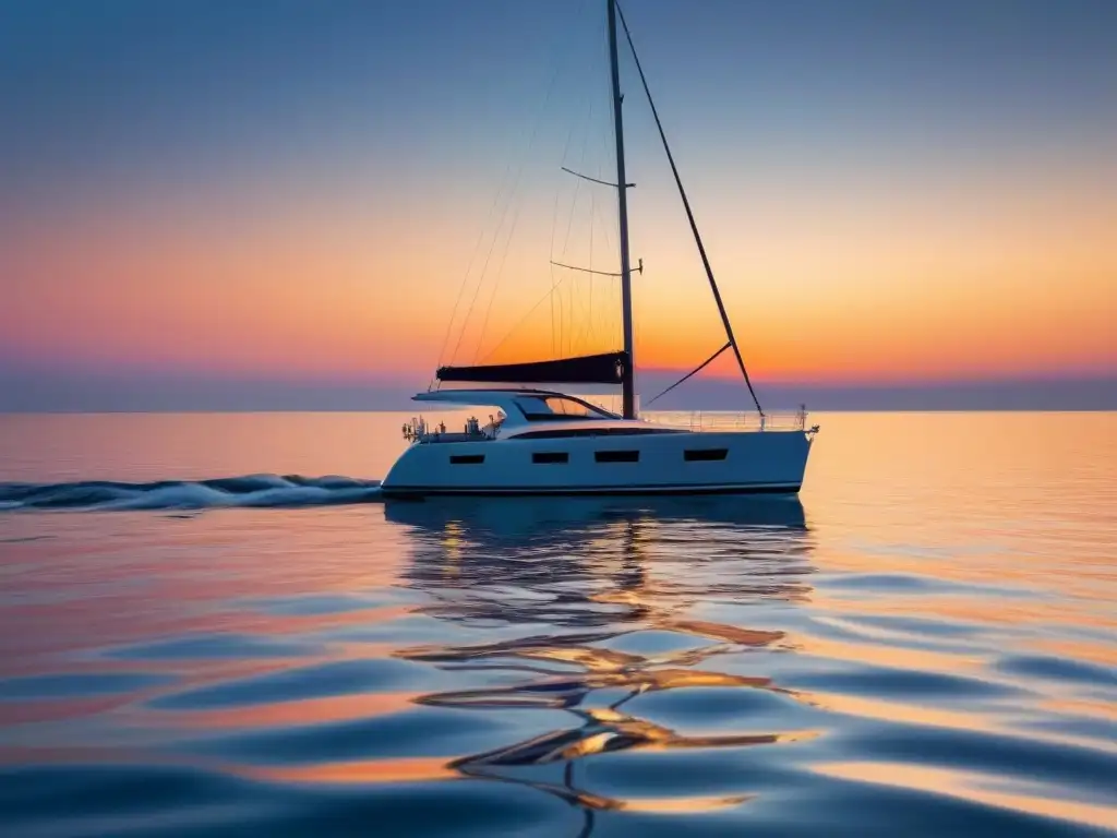 Un yate elegante navega con gracia en aguas tranquilas al atardecer, reflejando paz y lujo