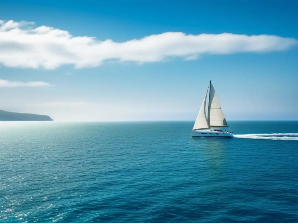 Un yate elegante surcando un océano turquesa cristalino bajo un cielo azul despejado, transmitiendo tranquilidad y armonía con la naturaleza