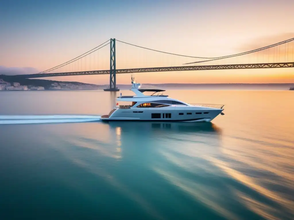 Un yate de lujo surca las aguas de Lisboa al atardecer, con la icónica Ponte 25 de Abril de fondo