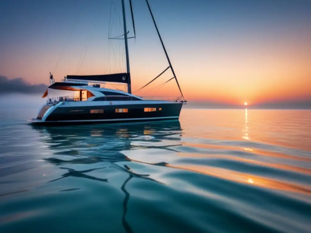 Un yate de lujo navega suavemente en aguas cristalinas al atardecer, creando una atmósfera serena y sofisticada