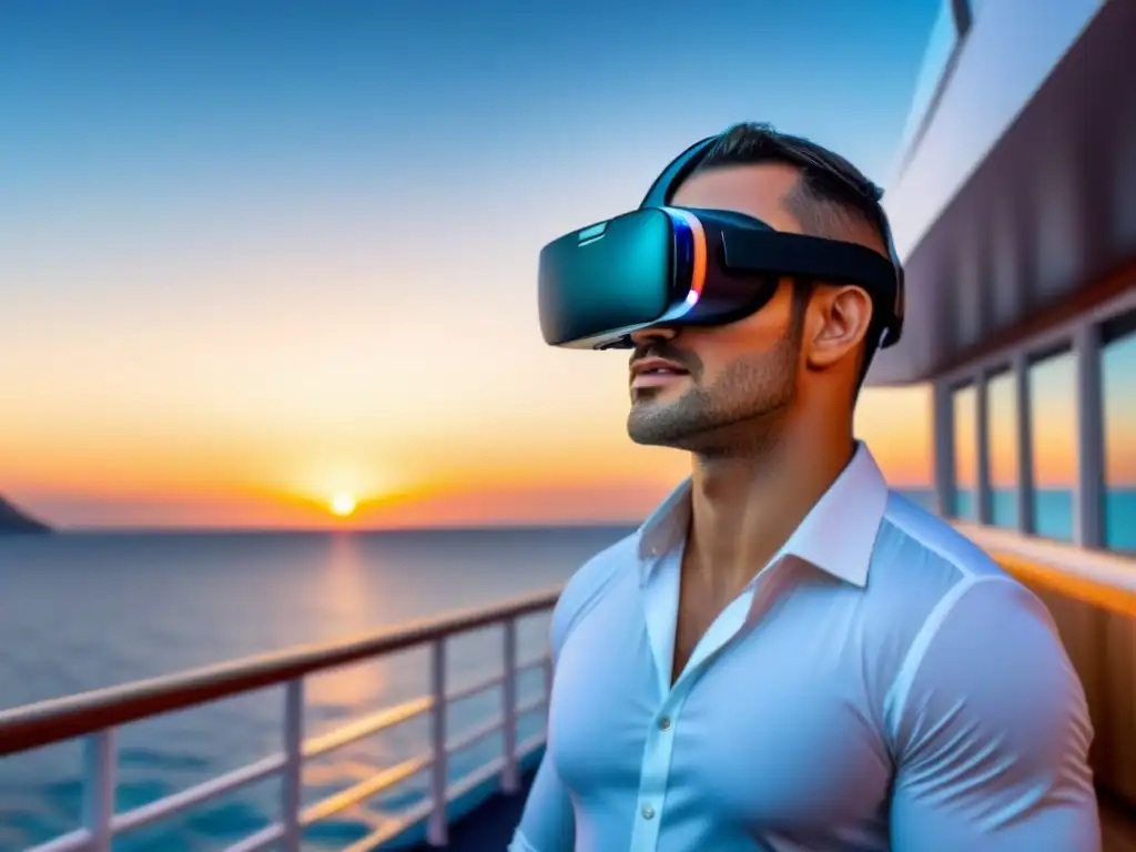 Un yate de lujo navegando en aguas cristalinas al atardecer, con un elegante visor de realidad virtual, fusionando experiencias VR turismo marítimo