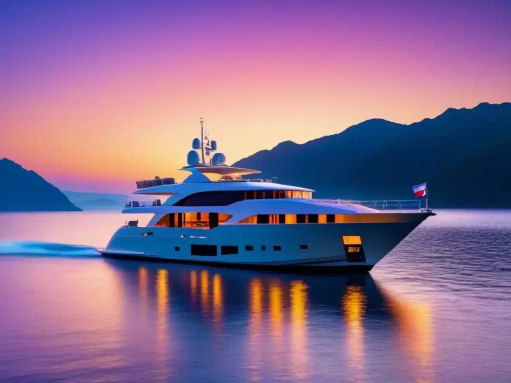 Un yate de lujo navegando en aguas cristalinas al atardecer, reflejando la exclusividad de los cruceros de lujo aventuras marítimas