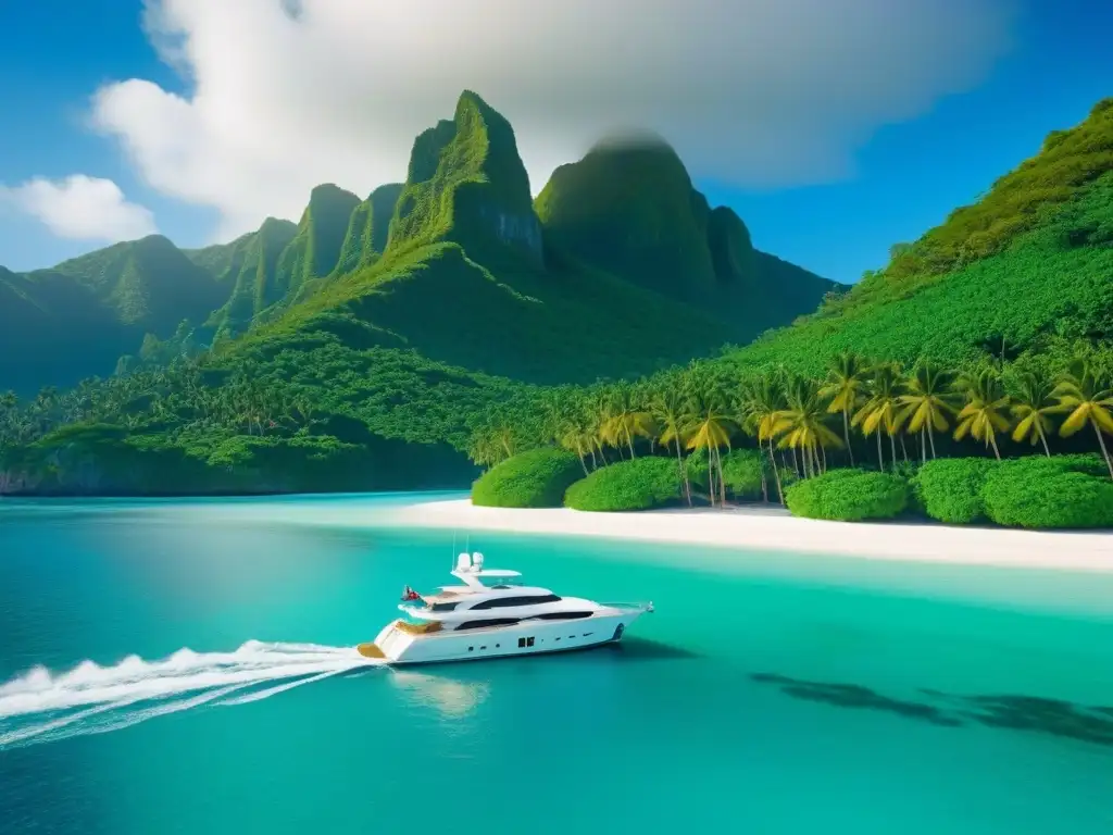 Un yate de lujo navegando en aguas cristalinas con turistas disfrutando, rodeado de una isla tropical