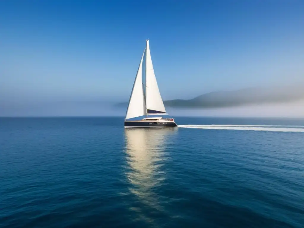 Un yate de lujo navega en aguas tranquilas bajo un cielo azul, reflejando serenidad y elegancia