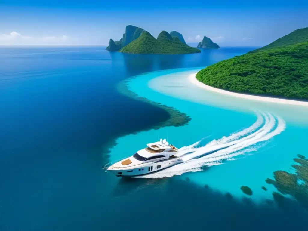 Un yate de lujo en aguas turquesas, rodeado de islas verdes bajo un cielo azul