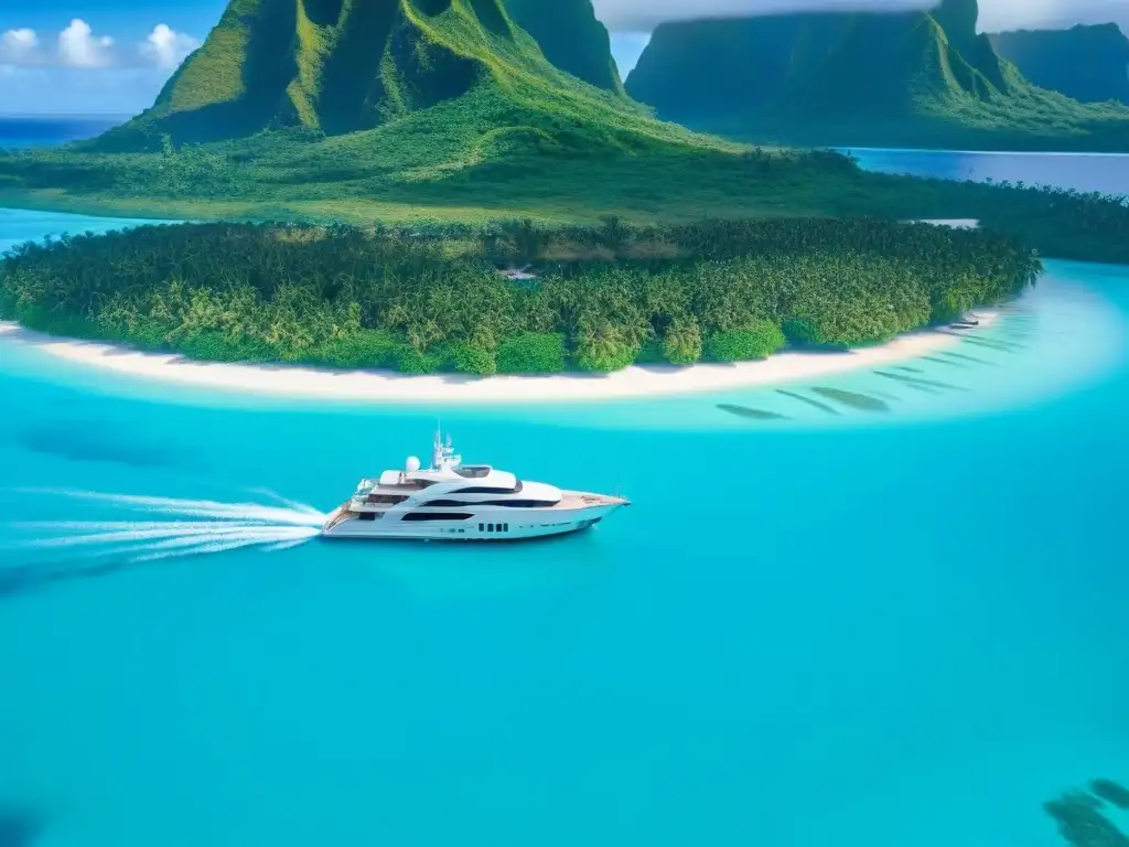 Un yate de lujo navegando en aguas turquesas de Polinesia, rodeado de islas tropicales