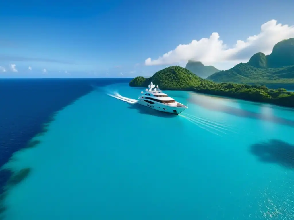 Un yate de lujo anclado en aguas turquesas, rodeado de islas tropicales verdes bajo un cielo azul claro