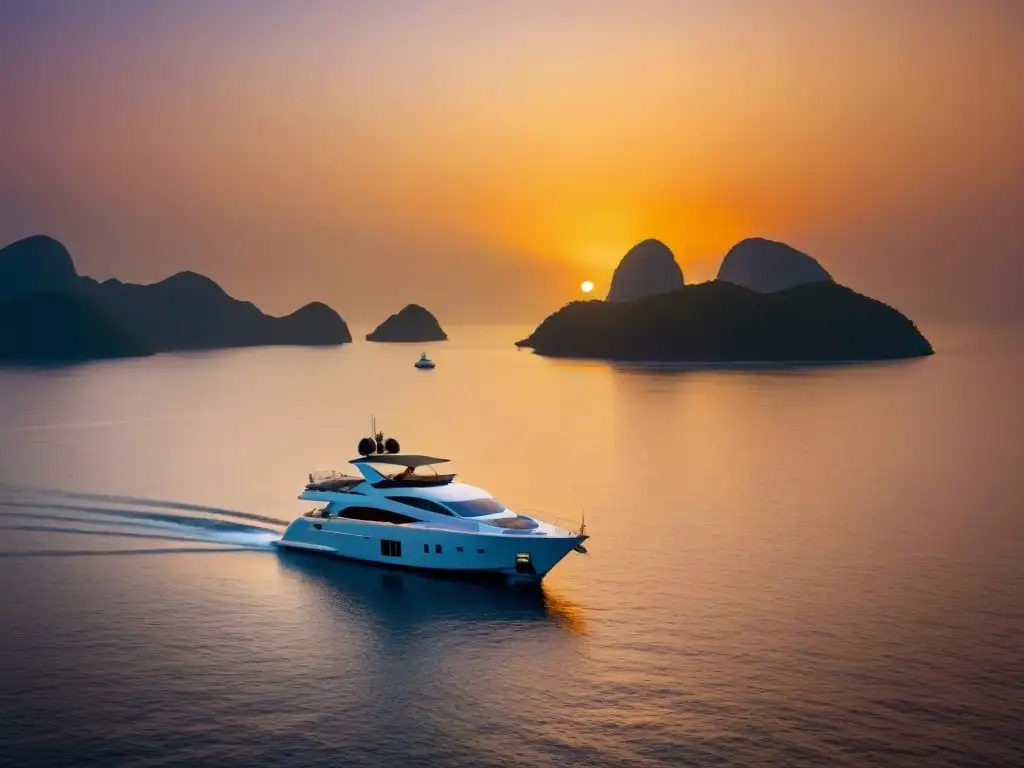 Yate de lujo navegando al atardecer en aguas cristalinas con una isla tropical al fondo