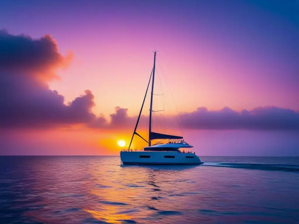 Un yate de lujo navegando al atardecer en el mar, con un cielo pintado en tonos rosados, naranjas y morados