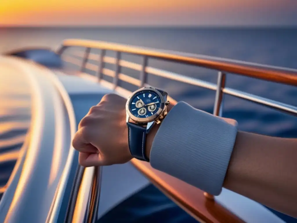 Un yate de lujo navegando al atardecer en un mar tranquilo, destacando un reloj de lujo para navegantes