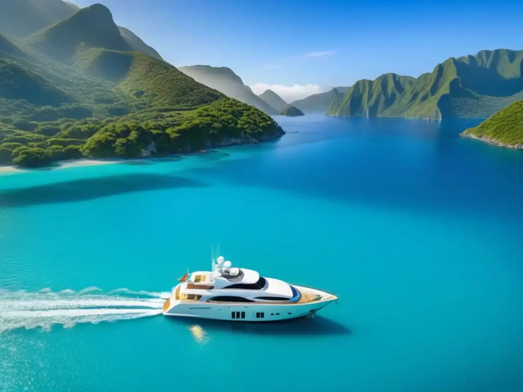 Yate de lujo en una bahía turquesa rodeada de montañas verdes bajo un cielo azul