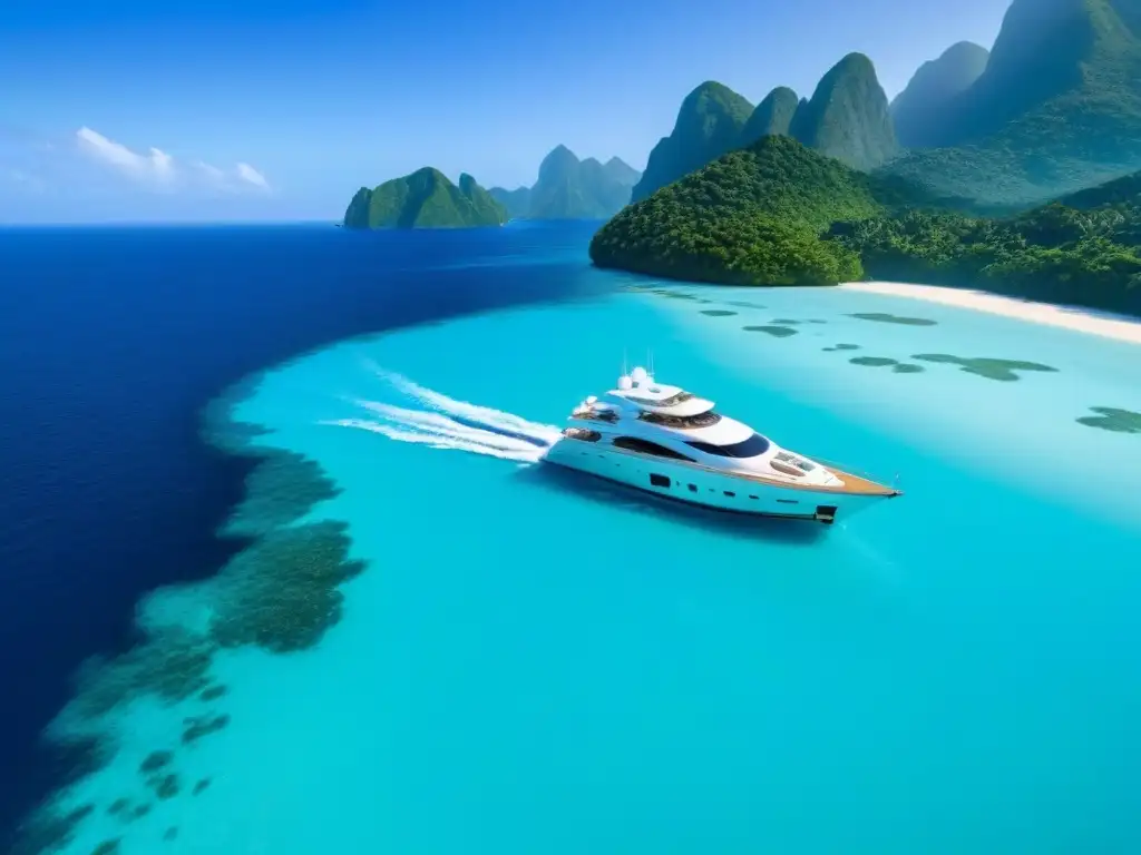 Un yate de lujo blanco navegando en aguas turquesas, rodeado de islas tropicales verdes bajo un cielo azul