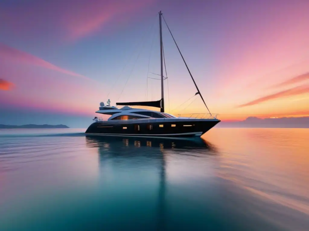 Un yate de lujo navegando bajo un cielo vibrante al atardecer en aguas cristalinas, ideal para tours exclusivos turismo marítimo