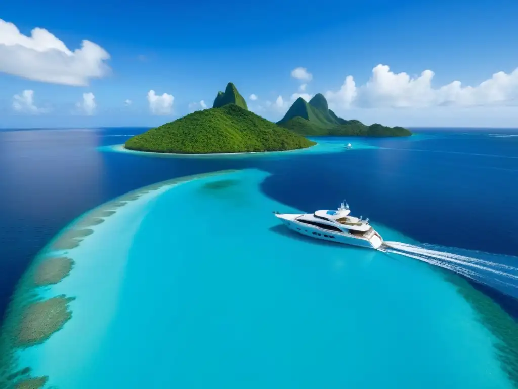 Un yate de lujo ecoamigable navega en aguas turquesas, rodeado de islas tropicales