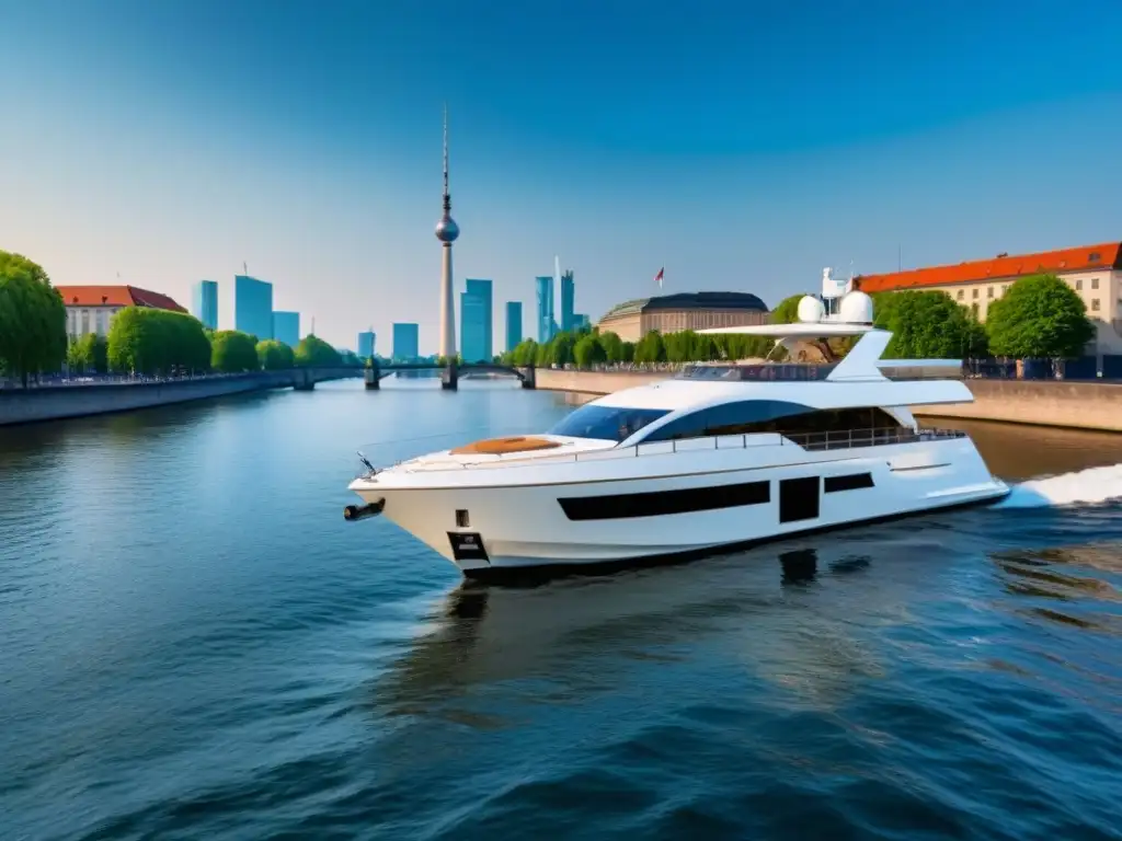 Yate de lujo navegando por el río Spree en Berlín, con el horizonte de la ciudad al fondo