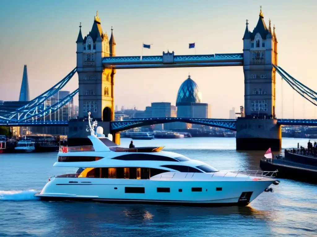 Un yate de lujo navegando elegantemente en el río Támesis en Londres, con el icónico Tower Bridge de fondo bajo un cielo azul claro