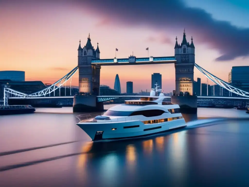 Un yate de lujo navega por el río Támesis al atardecer, con el Puente de la Torre y el London Eye de fondo