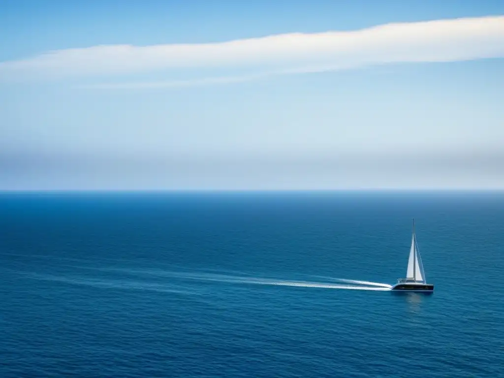 Un yate navegando en un mar sereno y vasto bajo un cielo azul, transmitiendo equilibrio entre turismo marítimo y conservación