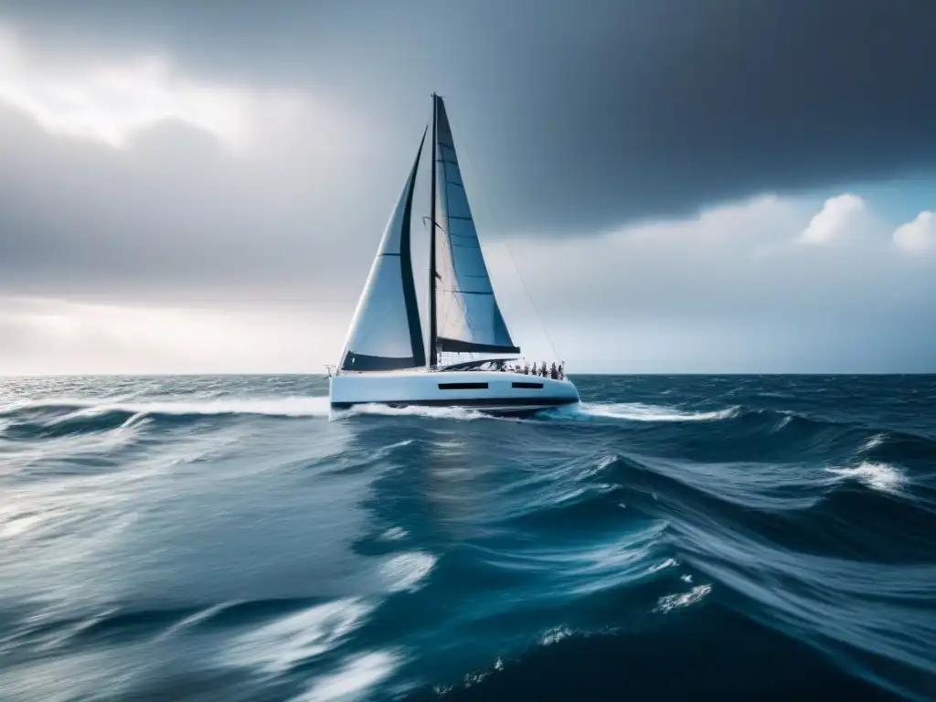 Un yate moderno surca aguas turbulentas con un cielo tormentoso