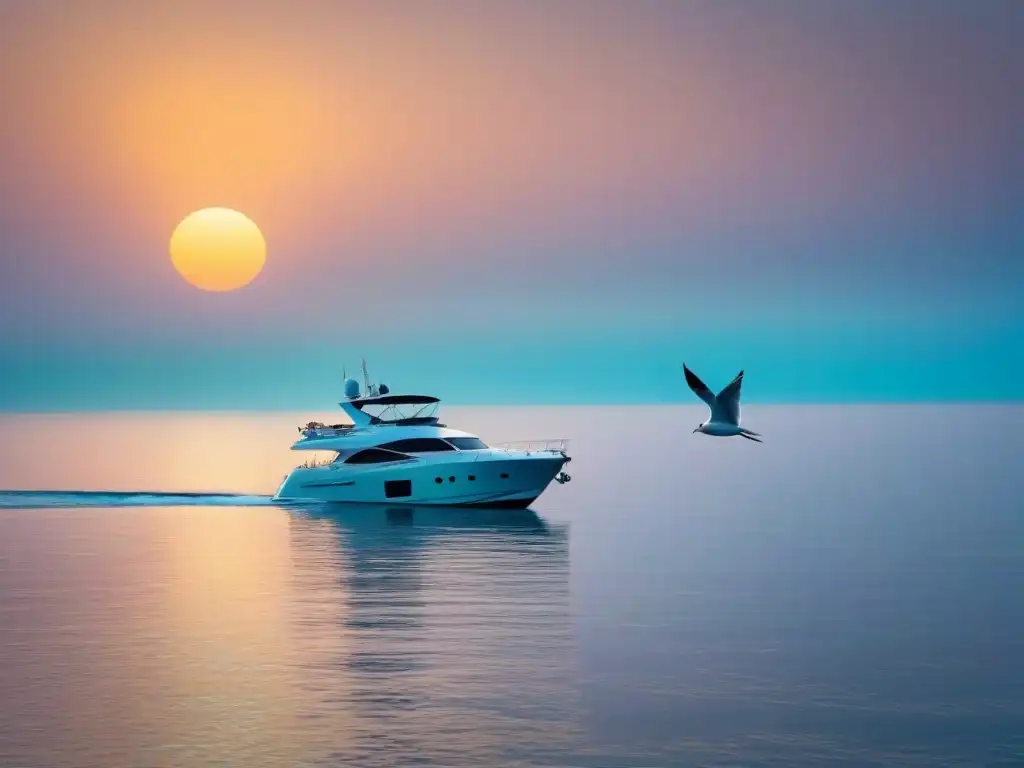 Un yate moderno anclado en aguas turquesa al amanecer, reflejando la exclusividad de tours marítimos