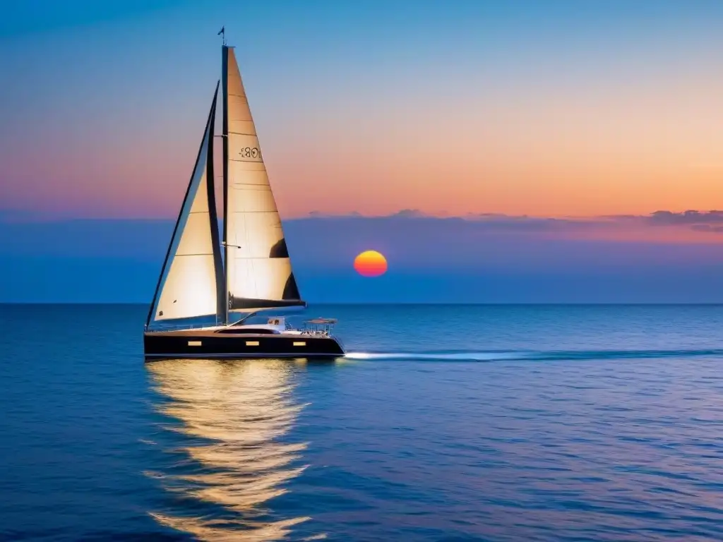 Yate moderno navegando al atardecer en aguas cristalinas con ropa impermeable para aventuras marítimas