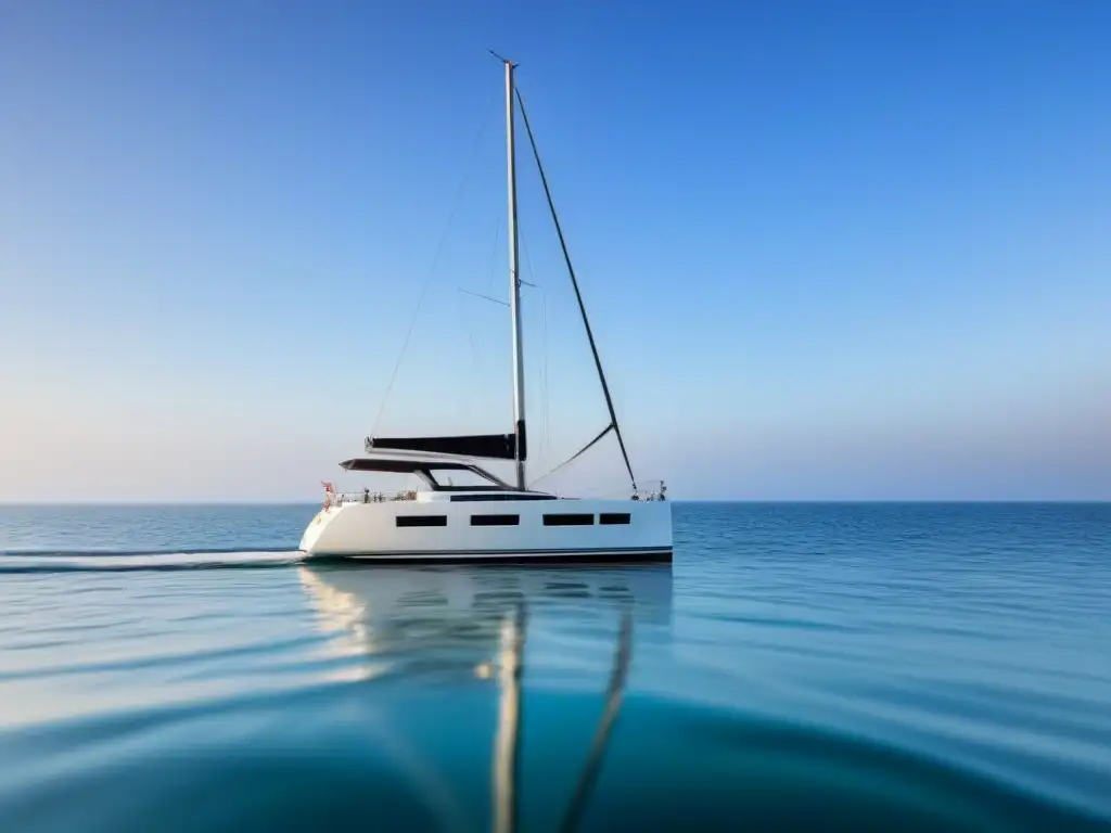 Un yate moderno y elegante navegando en aguas tranquilas bajo un cielo azul claro, reflejándose sutilmente en el agua