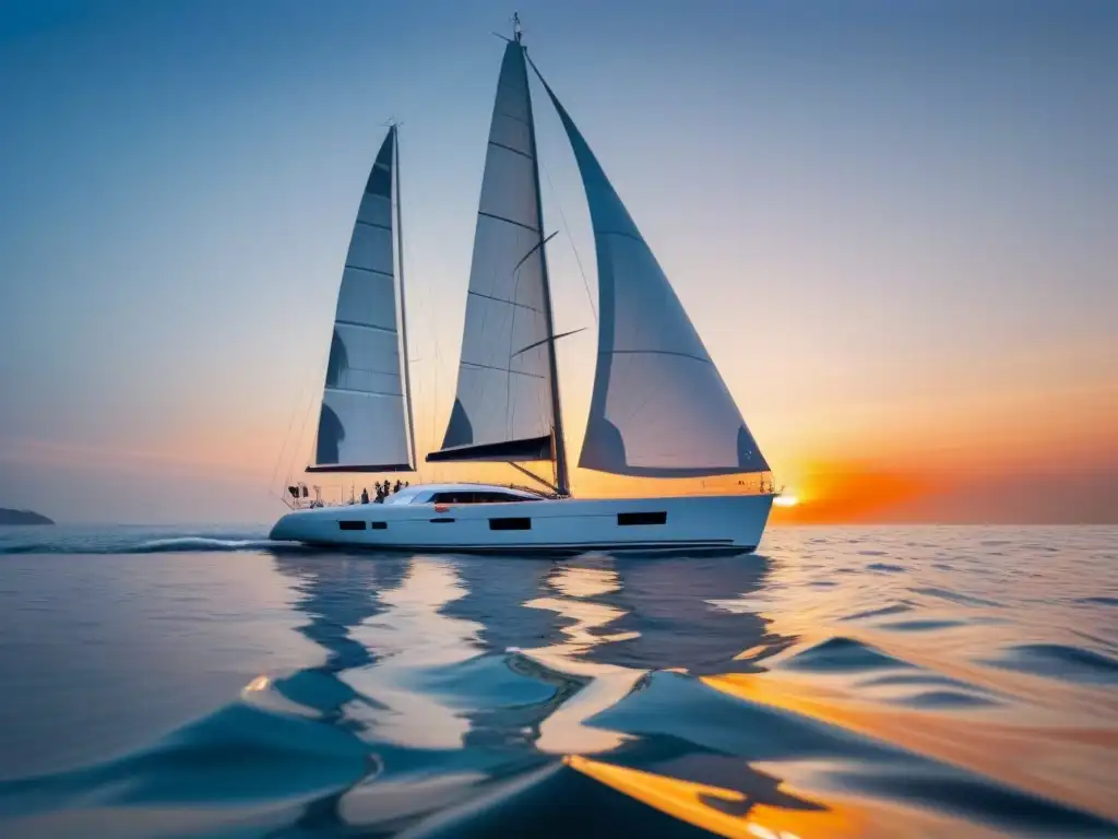 Un yate moderno propulsado a vela en cruceros, corta las aguas cristalinas al atardecer naranja