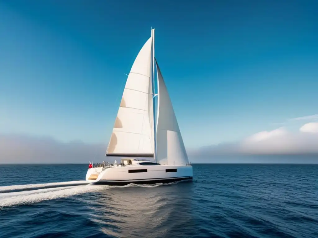 Un yate privado navegando en aguas tranquilas, bajo un cielo azul claro y una suave brisa