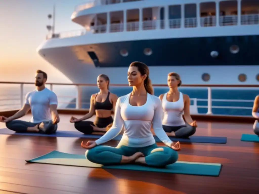 Yoga avanzado en cruceros marítimos: sesión serena al amanecer en cubierta de lujo, con yoguis en poses avanzadas y mar tranquilo al fondo