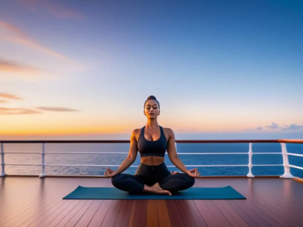 Practicando yoga avanzado en cruceros marítimos al atardecer, mostrando equilibrio y fuerza en un entorno sereno y tranquilo