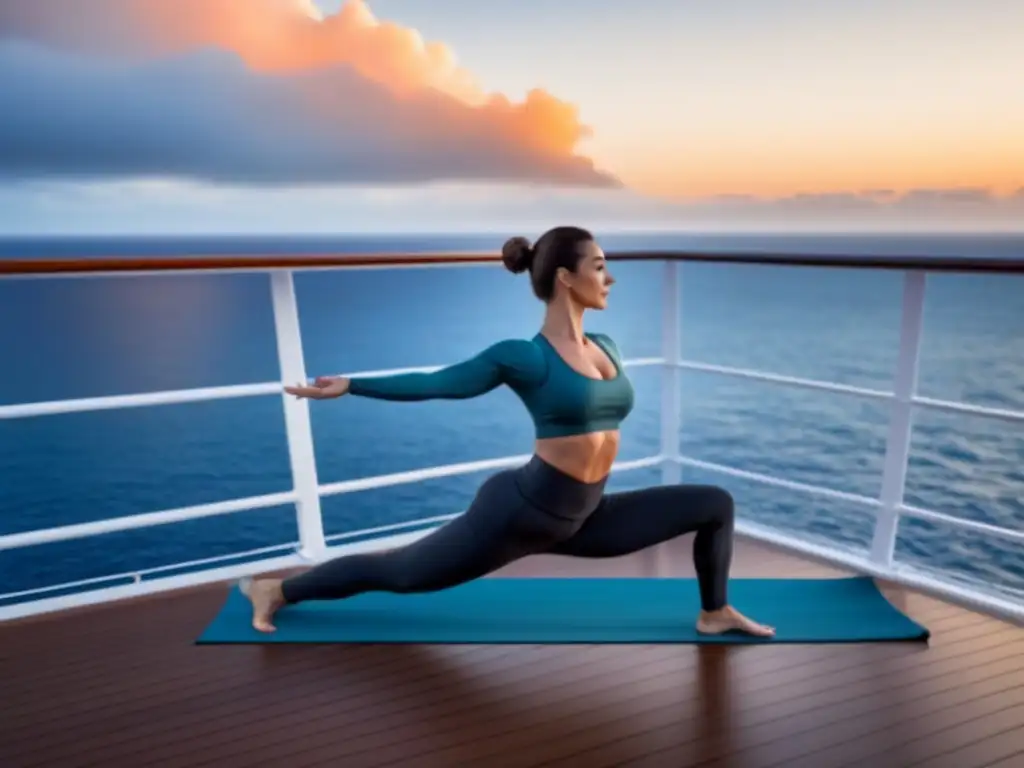 Yoga avanzado en cruceros marítimos: Practicante en postura desafiante al amanecer en cubierta lujosa