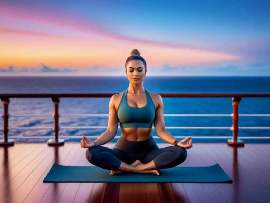 Yoga avanzado en cruceros marítimos: Practicante en pose avanzada al atardecer en cubierta de lujo