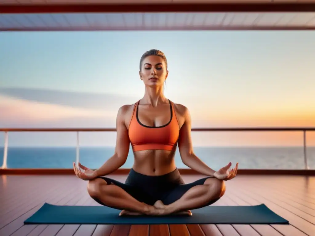 Yoga avanzado en cruceros marítimos: Practicante en equilibrio al atardecer en un lujoso barco, creando armonía