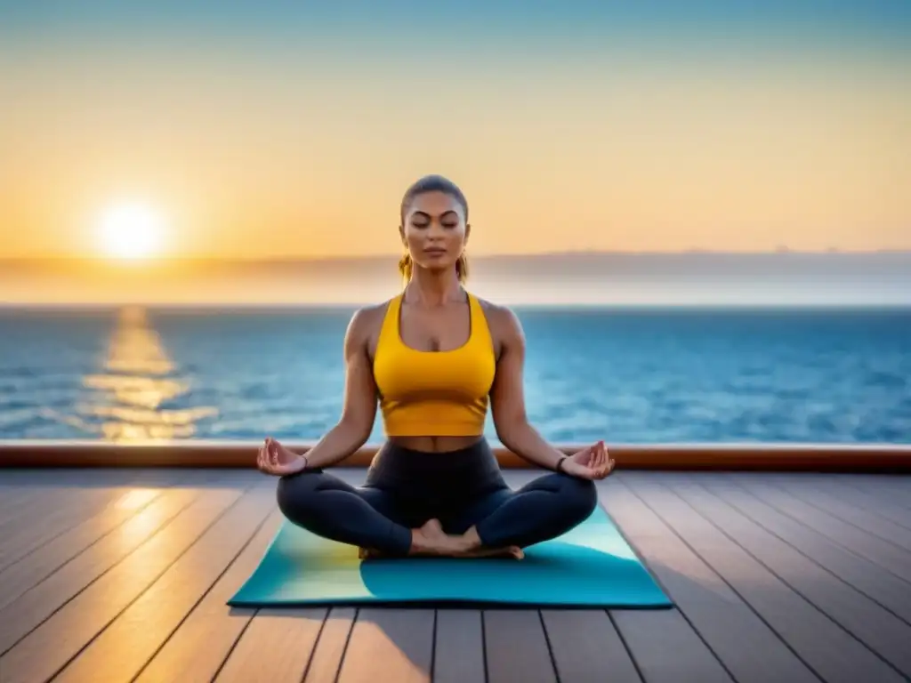 Practicando yoga al amanecer en crucero, armonía en alta mar