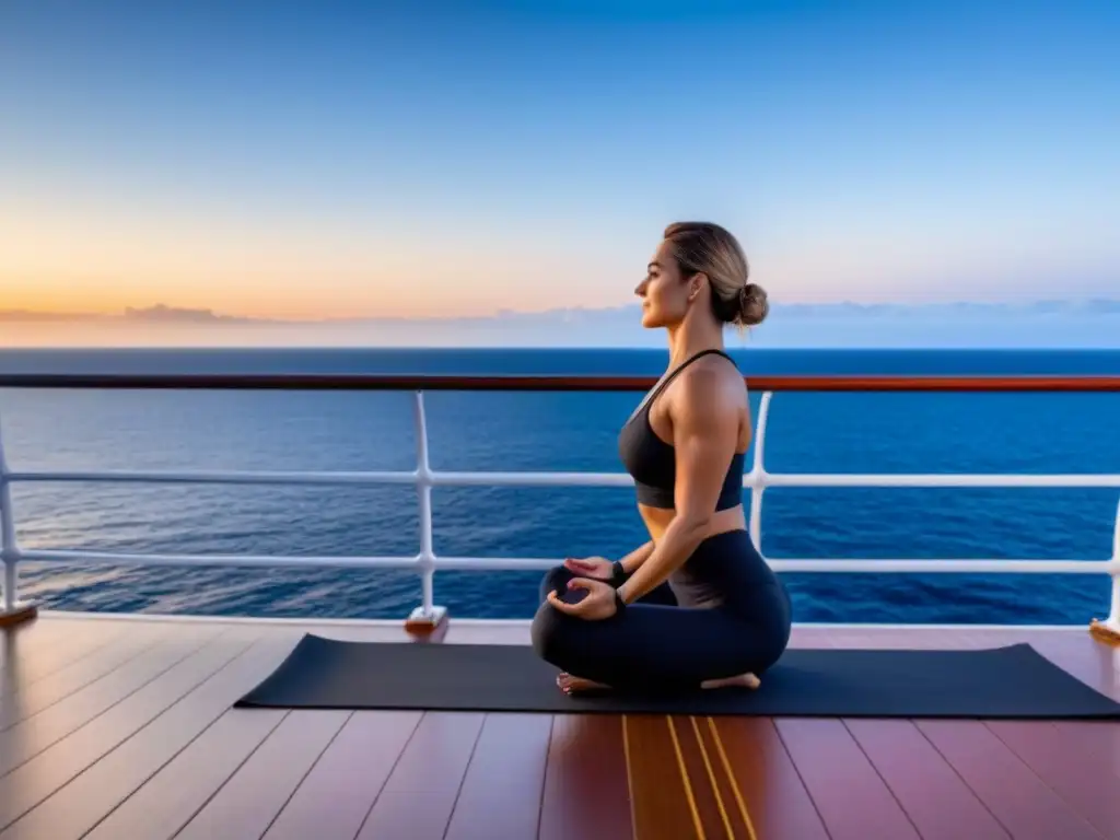 Practicando yoga al amanecer en un crucero, transmitiendo calma y bienestar