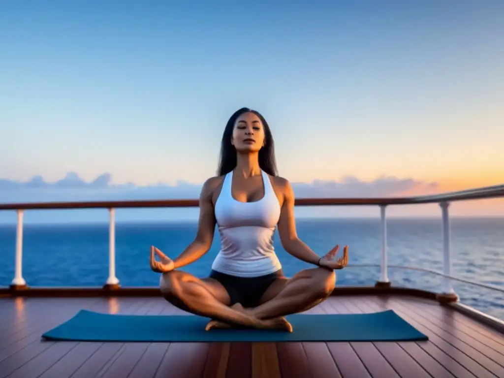 Practicando yoga al amanecer en un crucero, simbolizando equilibrio y bienestar