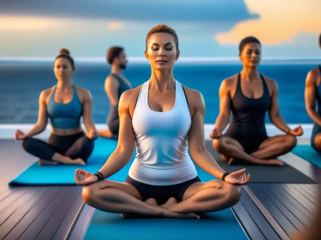 Práctica de yoga al amanecer en crucero, con instructor y participantes en poses, reflejos del sol en el mar