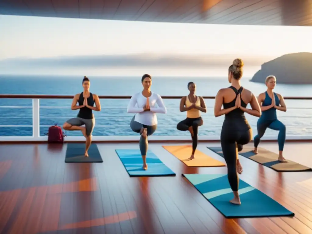 Yoga al amanecer en crucero: paz y armonía en alta mar Práctica de yoga al amanecer en crucero, con el mar de fondo