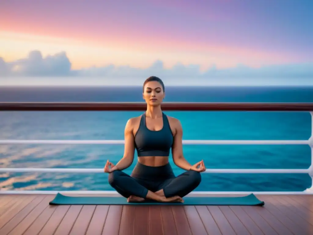 Práctica de yoga al amanecer en crucero, rodeado de mar y cielo colorido