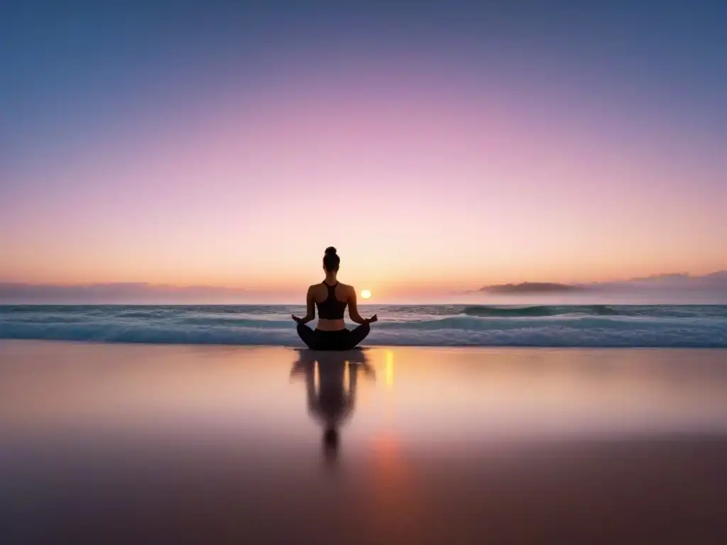 Práctica de yoga en una playa al amanecer, con olas suaves y colores cálidos del sol