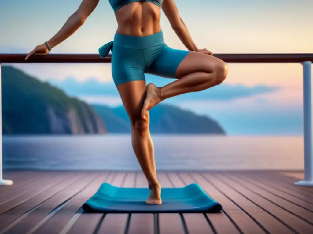 Un yogui en Vrikshasana en un crucero al amanecer sobre el mar tranquilo